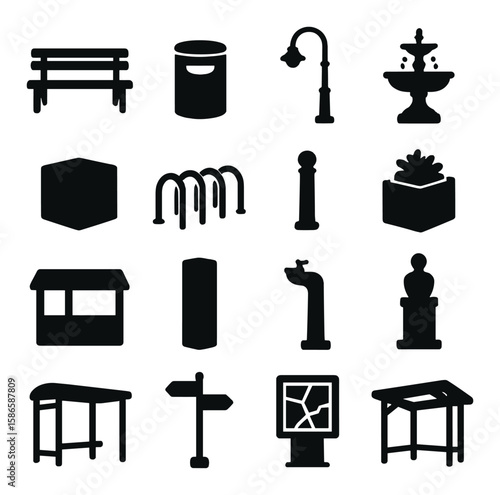 Urban furniture icon collection. simple silhouette bench, lamp, fountain, signage