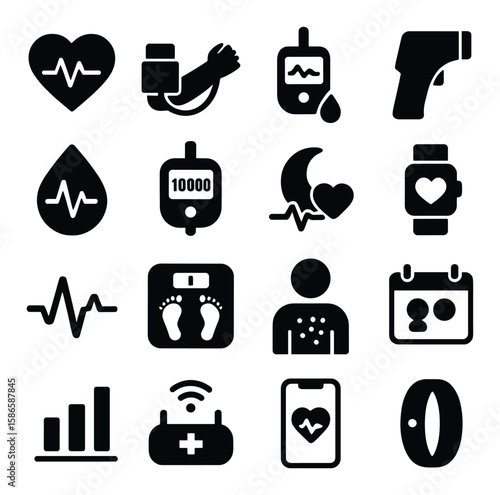 Health monitoring icon collection. simple silhouette: heartbeat, blood pressure, glucose, thermometer, scale, step tracker, calendar, watch