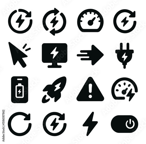 Interface icon collection: solid black dashboard icons. arrow, rocket, plug, speed, power