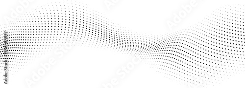 Abstract flowing wave pattern composed of black dots on a clean white background