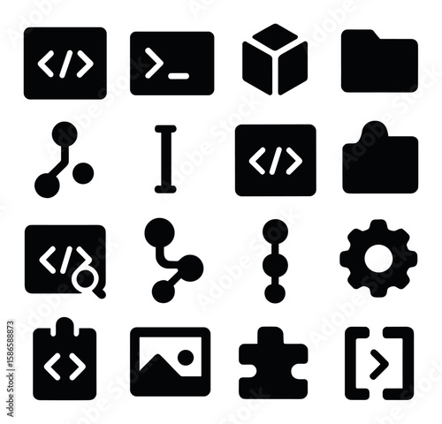 Developer tool icon collection: code, terminal, folder, gear, puzzle, silhouette style