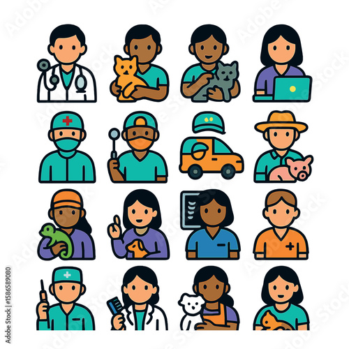 Veterinary staff icon collection. animal care flat icons. vet, doctor, nurse, cat, dog, pet, ambulance, signs