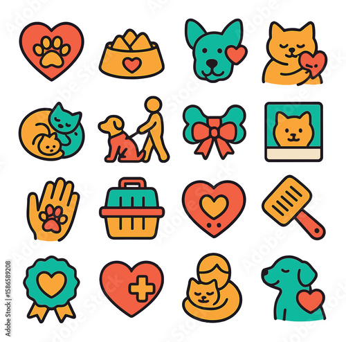 Pet love icon collection. simple pet care and love flat icons. dog, cat, heart, paw, bowl, ribbon, crate, award