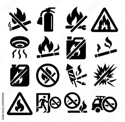 Fire safety icon collection: simple silhouettes. extinguisher, warning, alarm, emergency exit