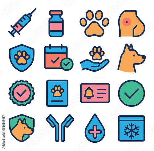 Canine vaccination icon collection. simple pet health, vaccine, paw, shield, certificate