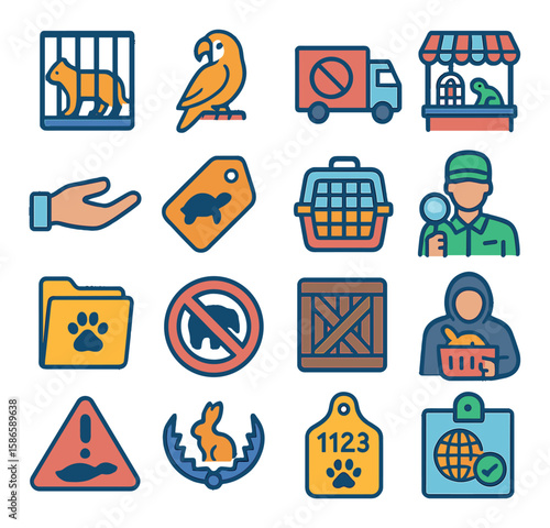 Wildlife trade icon collection: simple flat animal, smuggling, cage, market, conservation