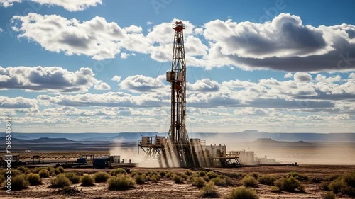 Oil Drilling Rig Operating in a Vast Desert Landscape with Sun Beams and Cloudy Sky