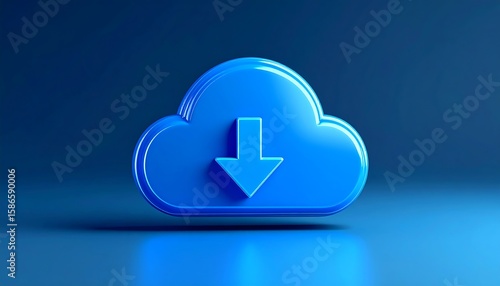 Blue cloud download icon on a dark blue background