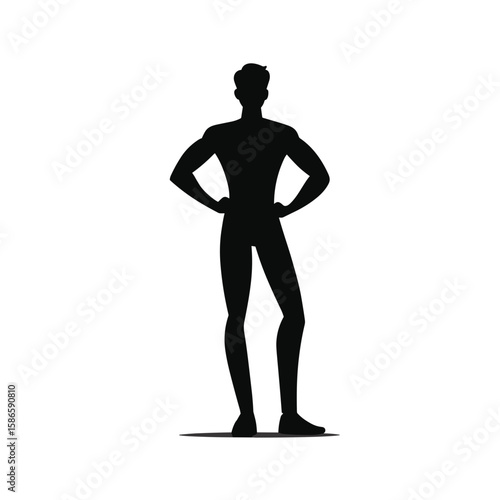 Male silhouette with hands on hips in confident stance, vector icon
