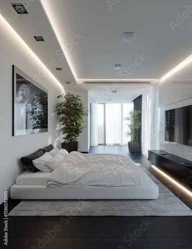 Sleek, minimalist bedroom with white bed, black accents, and modern art