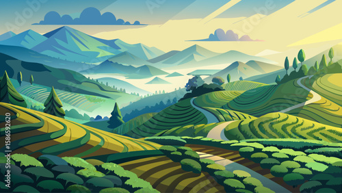 Cameron Highlands, Pahang, Malaysia – Winding tea terraces stretch across misty hills. Cool breezes and soft morning light shape this lush highland haven into a gentle, calming vector backdrop.