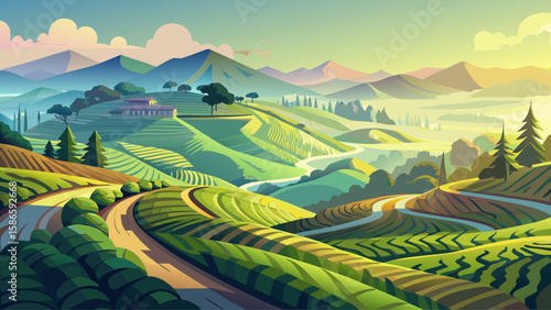 Cameron Highlands, Pahang, Malaysia – Winding tea terraces stretch across misty hills. Cool breezes and soft morning light shape this lush highland haven into a gentle, calming vector backdrop.