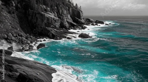 Towering black and white cliffs stretch along the coastline as deep blue waves surge and break against the jagged rocks below, sending up plumes of ocean spray