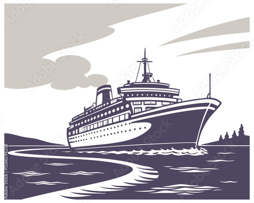 Vintage Style Ocean Liner Cruise Ship Sailing on Water