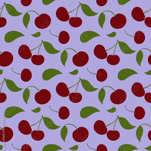 Seamless Cherry Pattern with Green Leaves on Pastel Purple Background – Cute Summer Fruit Design