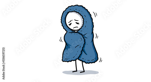 Cartoon stick figure shivering cold wrapped in blanket feeling unwell sickness flu symptoms illustration on transparent background