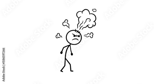 Angry stick figure cartoon vector illustration with steam coming out of head on black background on transparent background