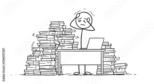 Stressed stick figure overwhelmed with paperwork and documents at desk with laptop illustration on transparent background