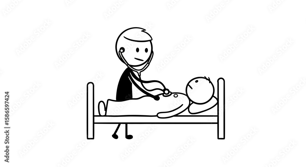 Stick figure doctor examining patient heart with stethoscope in hospital bed illustration vector art on transparent background Stick figure doctor examining patient heart with stethoscope in hospital bed illustration vector art on transparent background