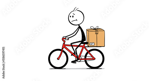 Stick figure delivery man riding bicycle with package vector illustration design for delivery service concept on transparent background