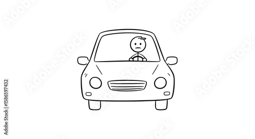 Stick figure driving car illustration vector drawing simple cartoon transport vehicle automobile driver on transparent background