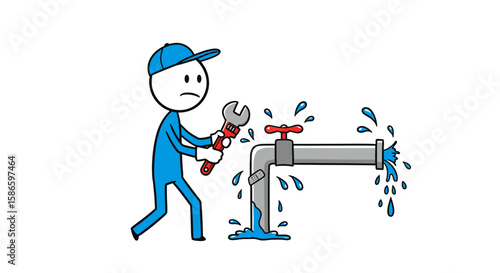Cartoon plumber fixing leaky pipe with wrench home repair plumbing service maintenance emergency leak repair on transparent background