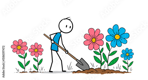 Stick figure gardening planting flowers with shovel in spring garden illustration art vector image on transparent background