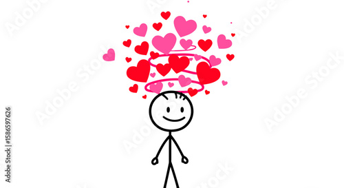 Stick figure surrounded by hearts valentine's day love romance cartoon character illustration drawing art on transparent background