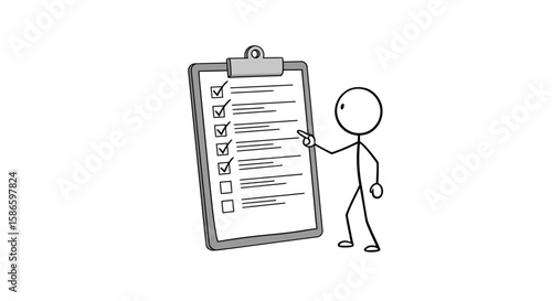 Stick figure checklist clipboard task management project planning to do list process workflow complete on transparent background