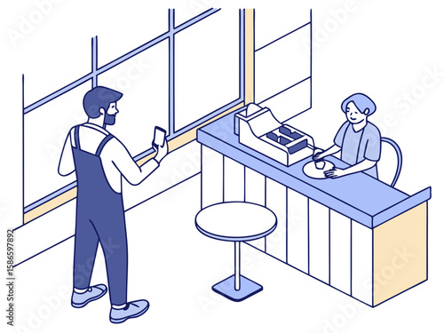 Man paying contactless at restaurant using phone—illustrating mobile-first lifestyle in flat illustration style