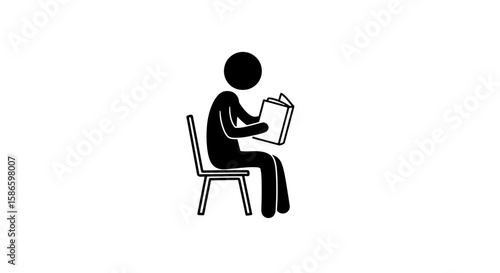 Stick figure reading a book sitting on chair vector illustration graphic design study education on transparent background