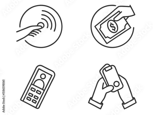 Set of NFC icons for app UI—contactless, paypass, rfid logos for payment tools in flat style