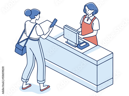 Young woman making contactless card payment—retail purchase scene with modern tech in flat vector style