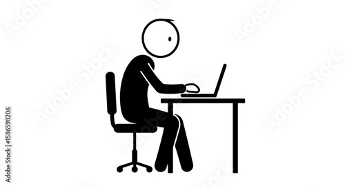 Stick figure working on laptop computer at desk office worker silhouette vector illustration graphic on transparent background