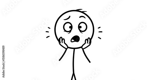 Stick figure drawing of a person in shock and fear with hands on face and wide eyes in black and white on transparent background