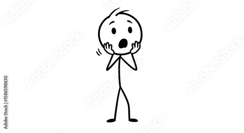Stick figure drawing of a surprised person with hands up in shock isolated on black background vector art on transparent background