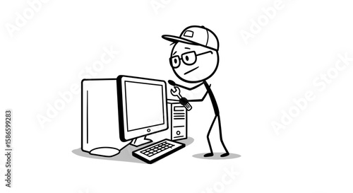 Computer repair service stick figure fixing desktop pc it support technician maintenance technology help on transparent background