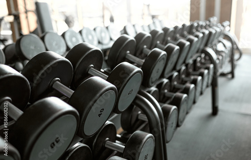 Wallpaper Mural Close-up of neatly organized dumbbells in a modern fitness gym. Emphasizes discipline, strength training, and healthy lifestyle. Torontodigital.ca
