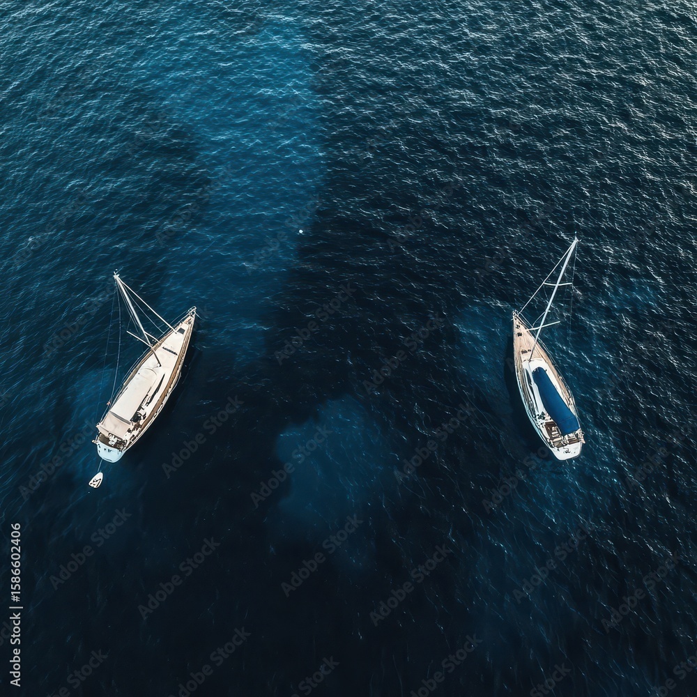 Fototapeta premium Two sailboats anchored in calm blue water