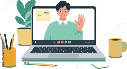 Remote work video conference call on laptop screen, waving friendly greeting, online meeting, virtual communication, distant collaboration, engaging from 