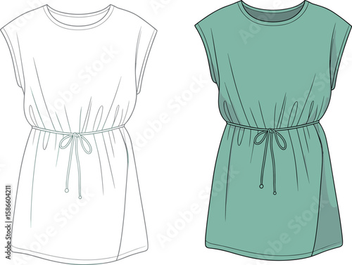 Stylish Tunic Top Dress CAD Drawing Flat Vector Illustration, Fashion Apparel Design Template with Drawstring Waist and Cap Sleeves, Technical Sketch