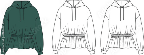 Stylish Cinched-Waist Hoodie Sweatshirt CAD Drawing Flat Vector Illustration, Fashion Apparel Design Template for a Flattering Fit, Technical Sketch
