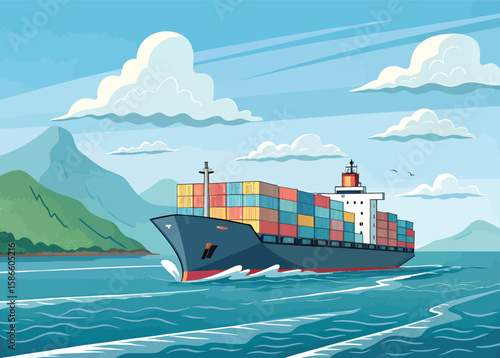 Cargo ship sailing ocean freight transport container vessel maritime shipping logistics illustration