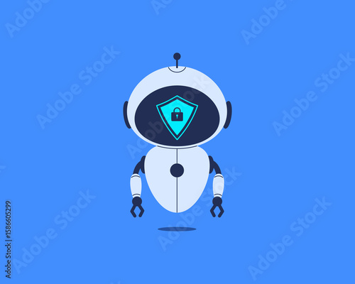 Robot presenting shield with lock icon for data protection. Vector illustration for cybersecurity, online privacy, secure AI systems