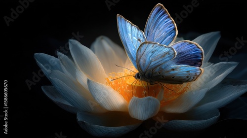A vibrant blue butterfly rests upon a white lotus flower, softly illuminated in darkness