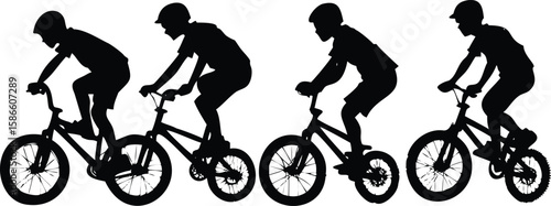 Boy Performing Bicycle Wheelie Silhouette, 4-Stage Vector Stunt Sequence
