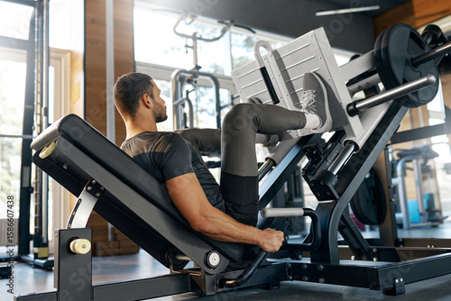 Bild auf Leinwand Fit man doing leg press exercise in modern gym