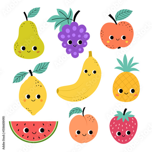 Summer set of fruits and berries,for stickers, prints and banners,vector illustration.