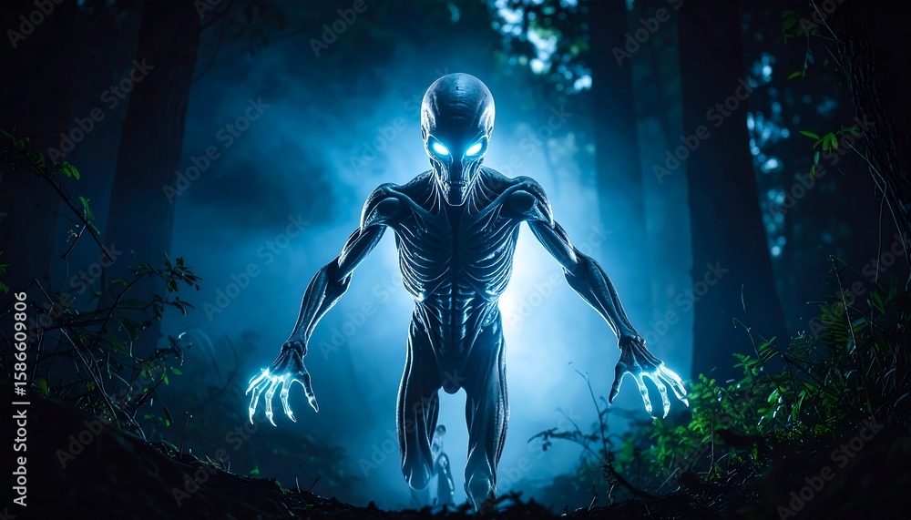 Naklejka premium Alien figure in dark forest