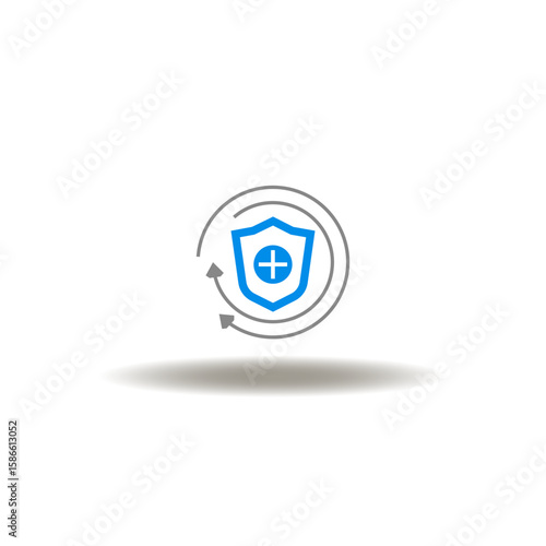 Vector illustration of shield with cross or plus and arrows round. Symbol of insured, protection health care.